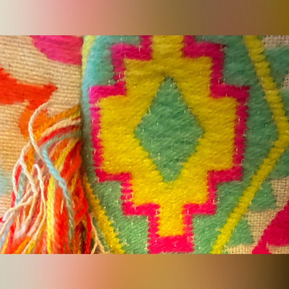 Boho Fringe Tote Bag with Neon Diamond Pattern - Picture 9 of 9